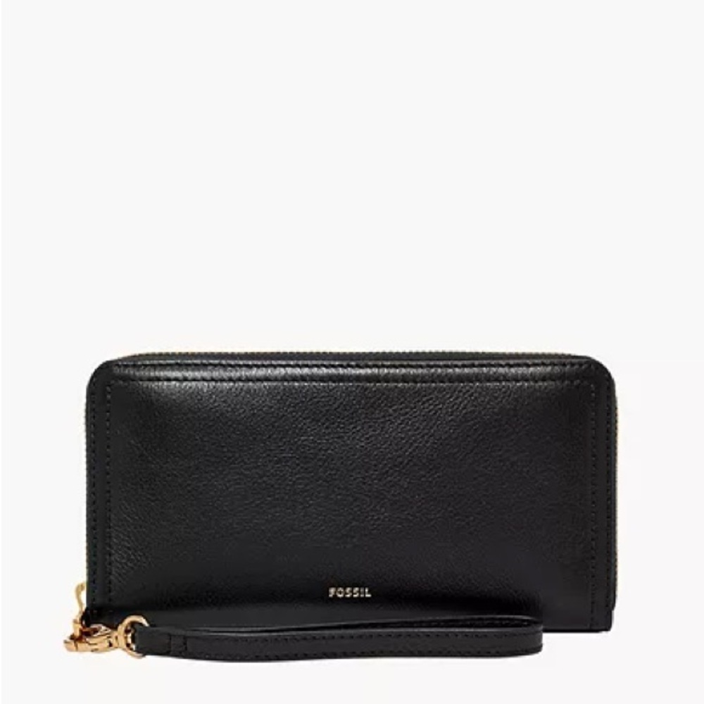 Fossil Jori Black Leather Wristlet with Gold Details